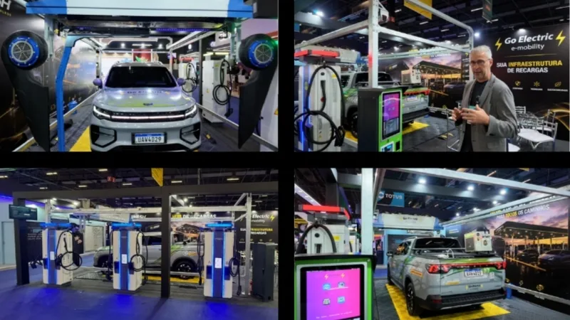 Estande da Go Electric na Expopostos 2026: Go Brushless com veículo no pórtico, carregadores e a picape elétrica em exposição